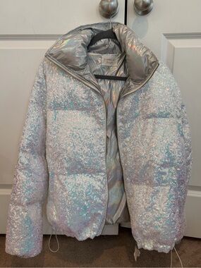 Fantastic Fawn Iridescent Sequin Puffer Jacket - Silver